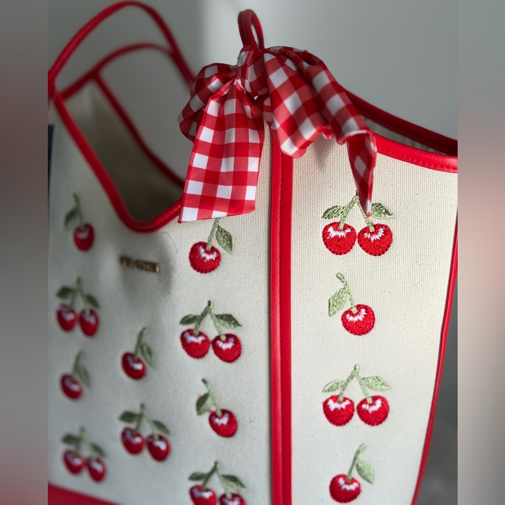 Steve Madden Cherry Red Gingham Scarf Bow Cream denim Tote Bag satchel Purse - Picture 3 of 9